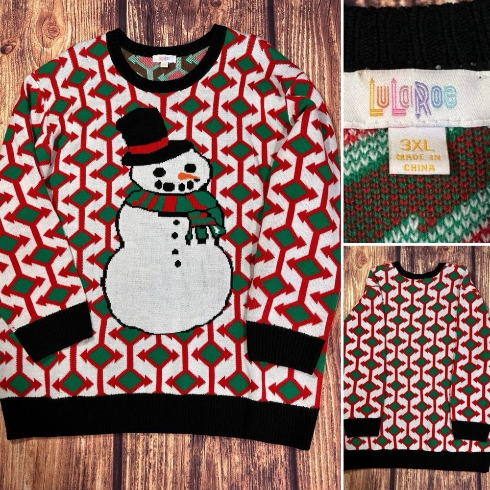 LULAROE SWEATER SIZE 3X SNOWMAN PULLOVER RED GREEN CHRISTMAS HOLIDAY UGLY & CUTE